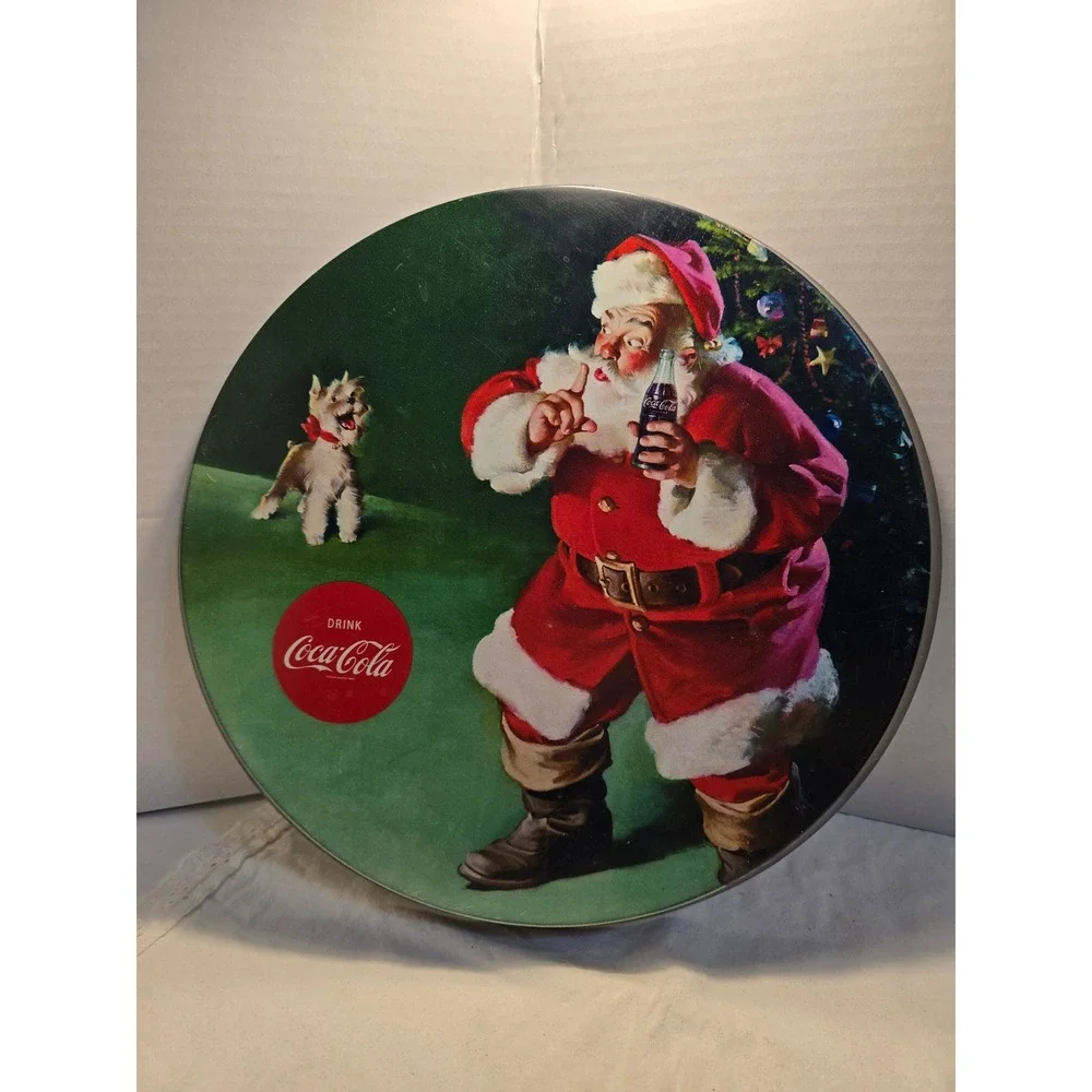 Coca-Cola Santa Claus Metal Round Sign Vintage Holiday Wall Art 12.75